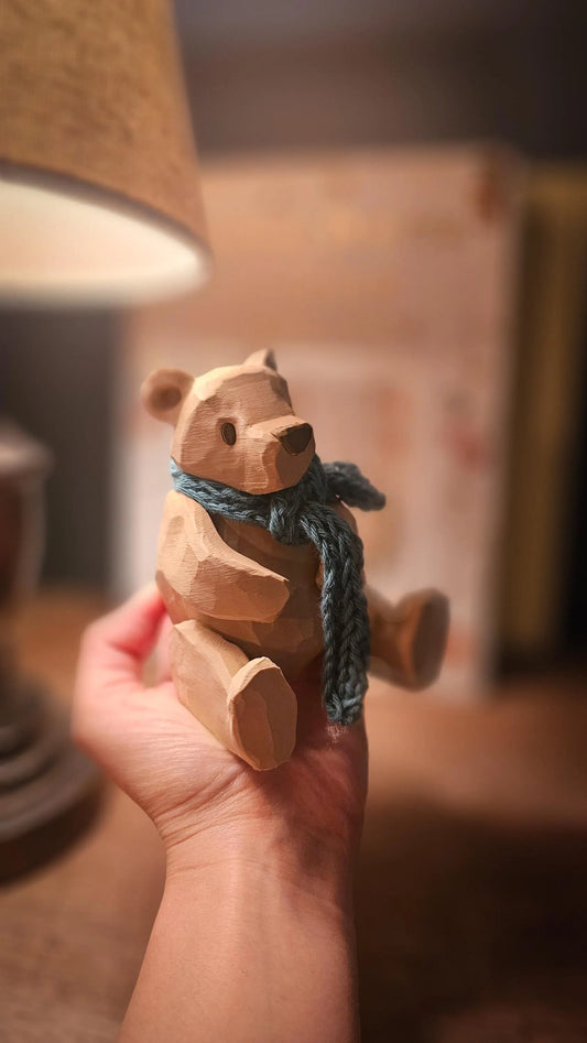 Theo the Traveling Bear – Articulated Wooden Toy with Handmade Scarf | Whimsical Collectible