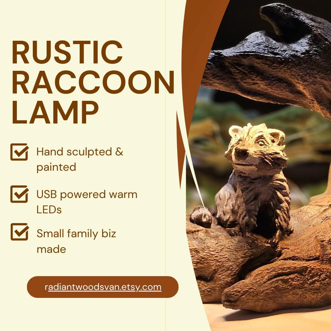 Raccoon USB Desk Lamp | Woodland Animal Lamp | Rustic Home Decor | Cute Animal Light | Unique Gift | Nature-Inspired Lamp