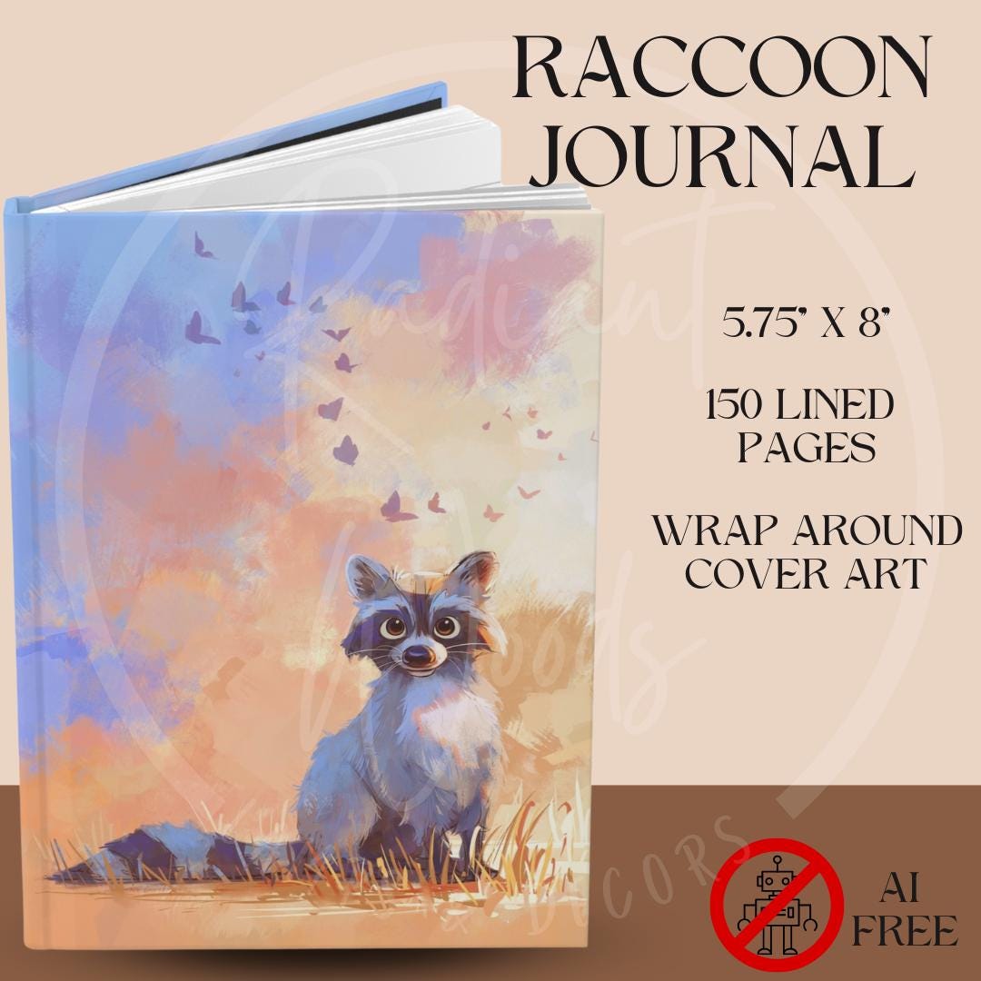 Cute Raccoon Illustration Hardcover Journal- 5.75"x8", 150 lined pages